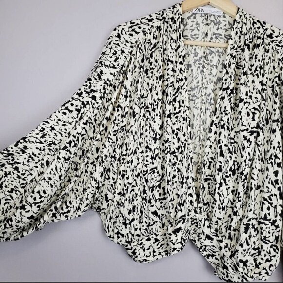 ZARA wrapped dolman balloon sleeve blouse top XSMALL IVORY black abstract print - Picture 8 of 16